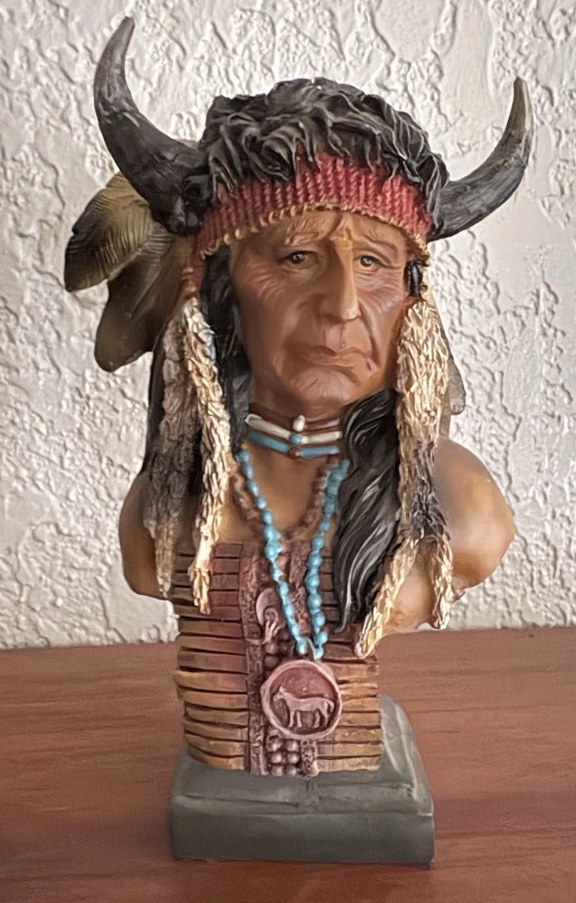 Vintage Hand-Painted Native American Chief Resin Bust Buffalo Horn Decor