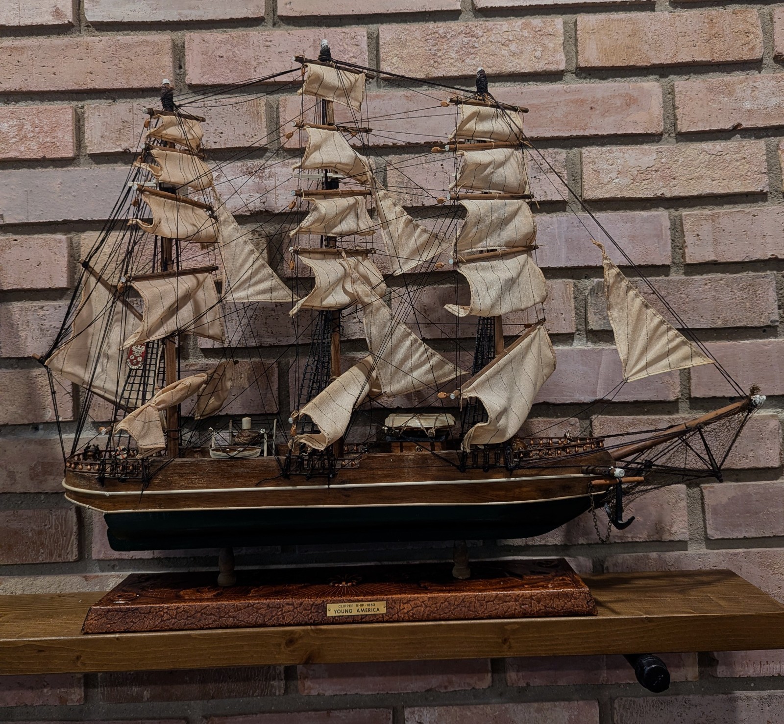 Large Wooden Representation Handmade 1853 Young America Clipper Ship 29.5”