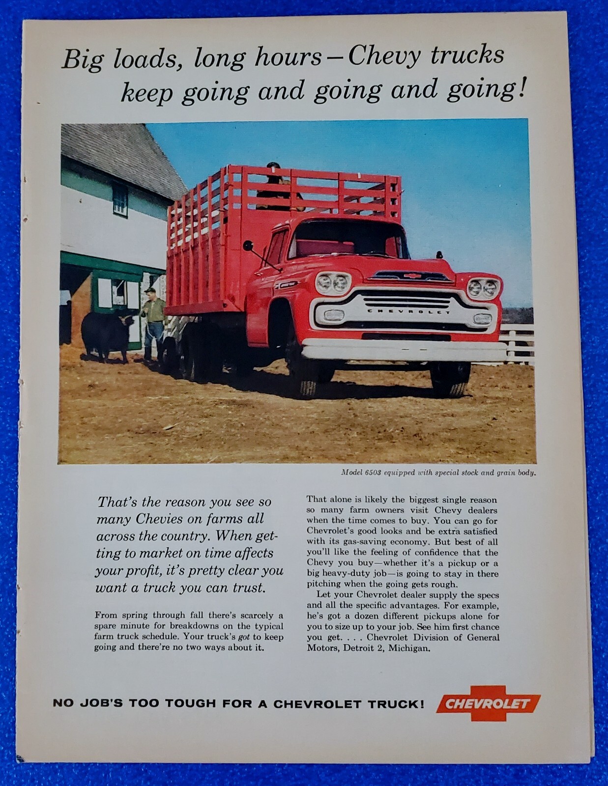 VINTAGE 1959 CHEVY 6503 WORK TRUCK ORIGINAL CLASSIC PRINT AD BY CHEVROLET