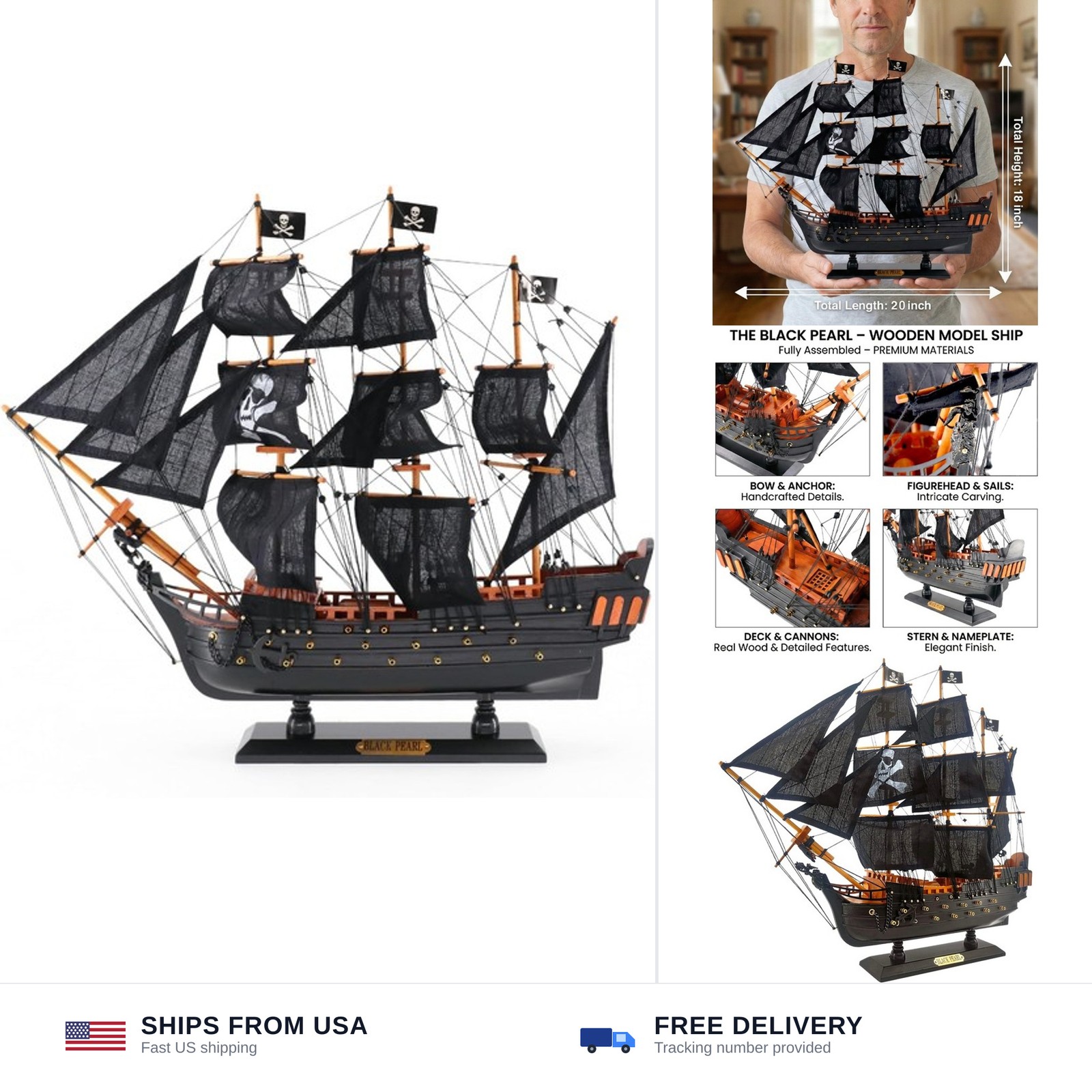 NAUTIMALL Black Pearl wooden pirate ship model 20 inch prebuilt sailboat