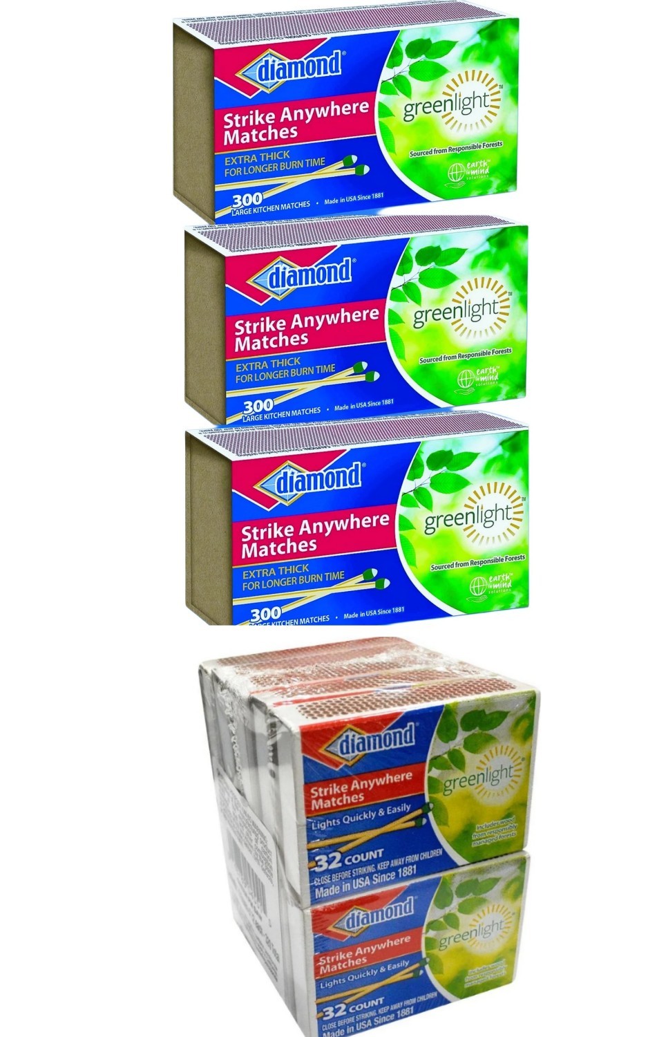 (4 Boxes) (300ct & 32ct Per Box) Greenlight Diamond Strike Anywhere Matches New