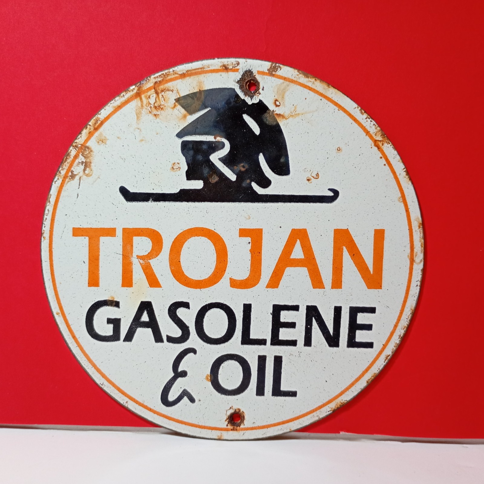 Vintage Trojan Gasoline & Oil Porcelain Enamel Sign 6