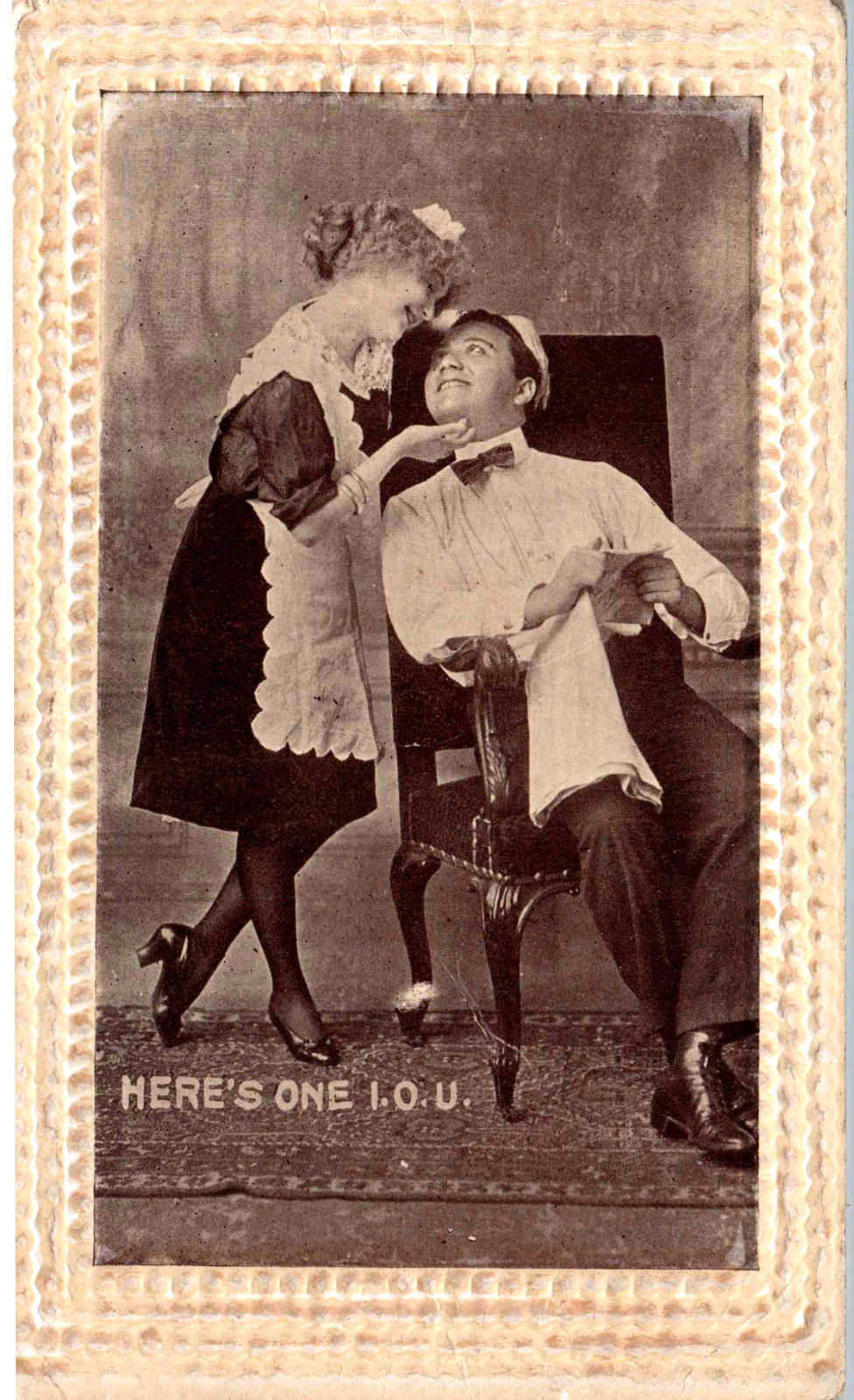 Romance - Woman in Maid's outfit - Here's one I.O. U.  - Embossed - 1911