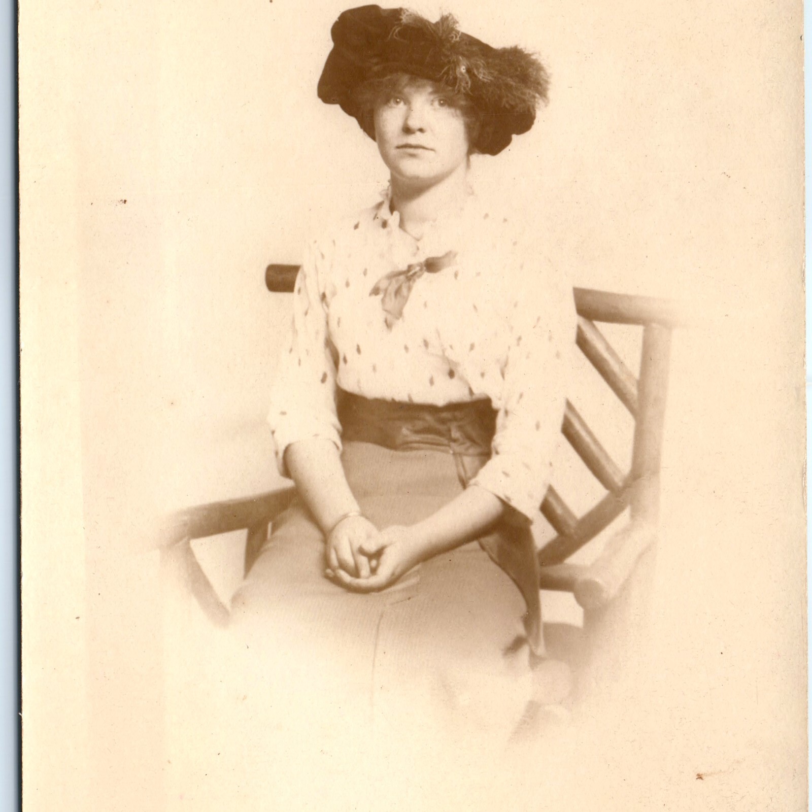c1910s Syracuse NY RPPC Young Lady Large Feather Hat Portrait Bachelor Studio