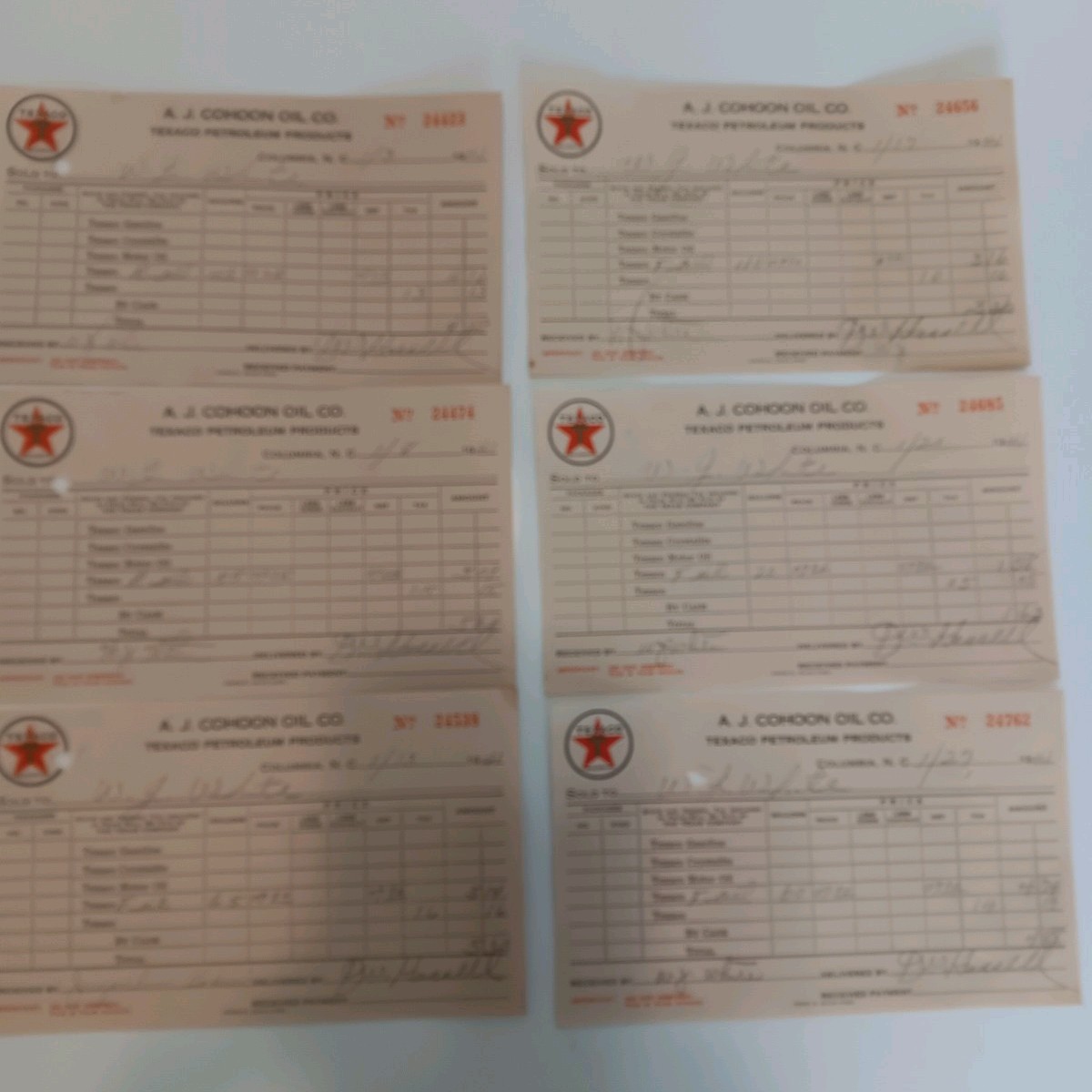 Vintage Texaco Petroleum Products Jan 1941 receipts located in NC.  (6)