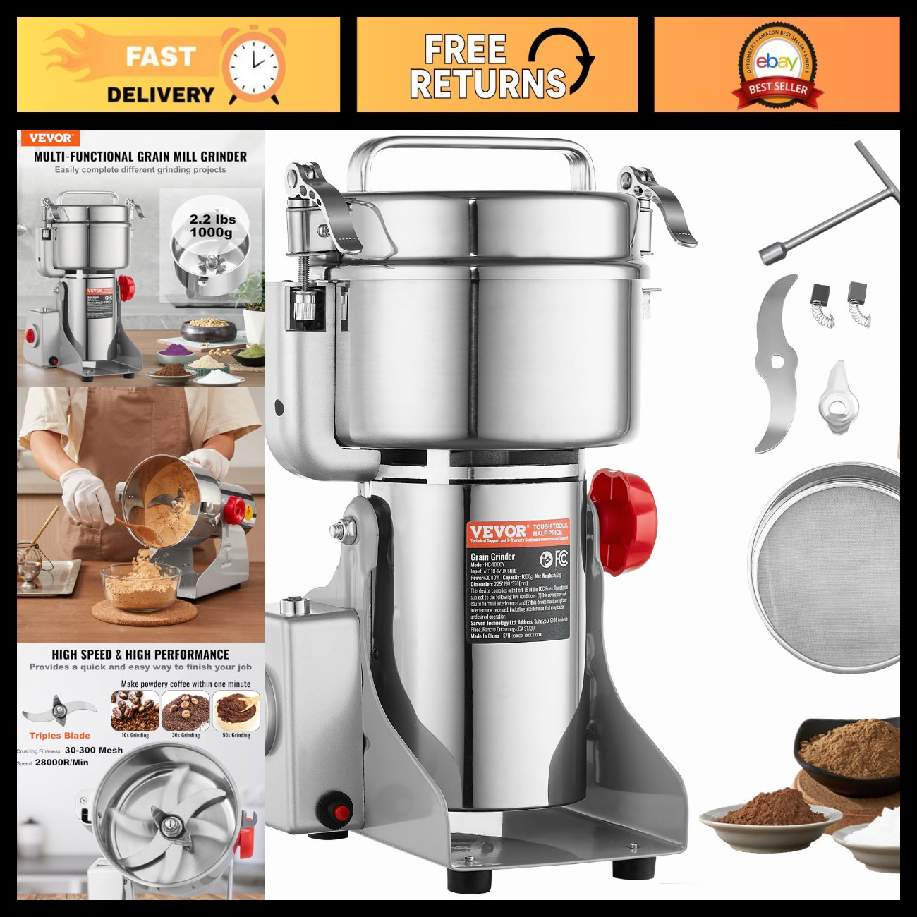 VEVOR 1000g Electric Grain Mill Grinder, High Speed 3000W Commercial Spice Grind