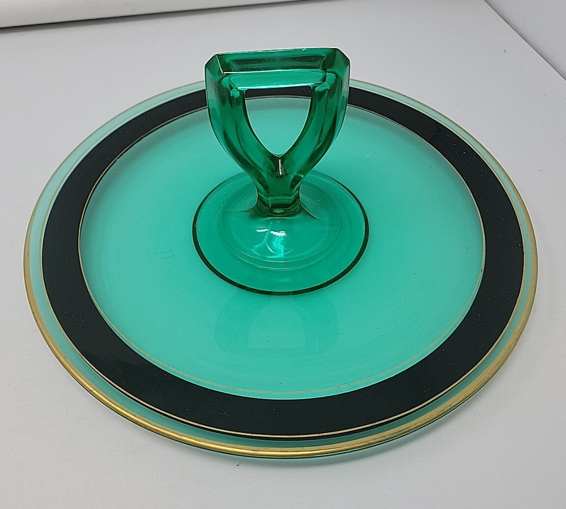 Vintage Green Glass Center Key Handle Serving Plate Tray Decor Trinket Dish RARE