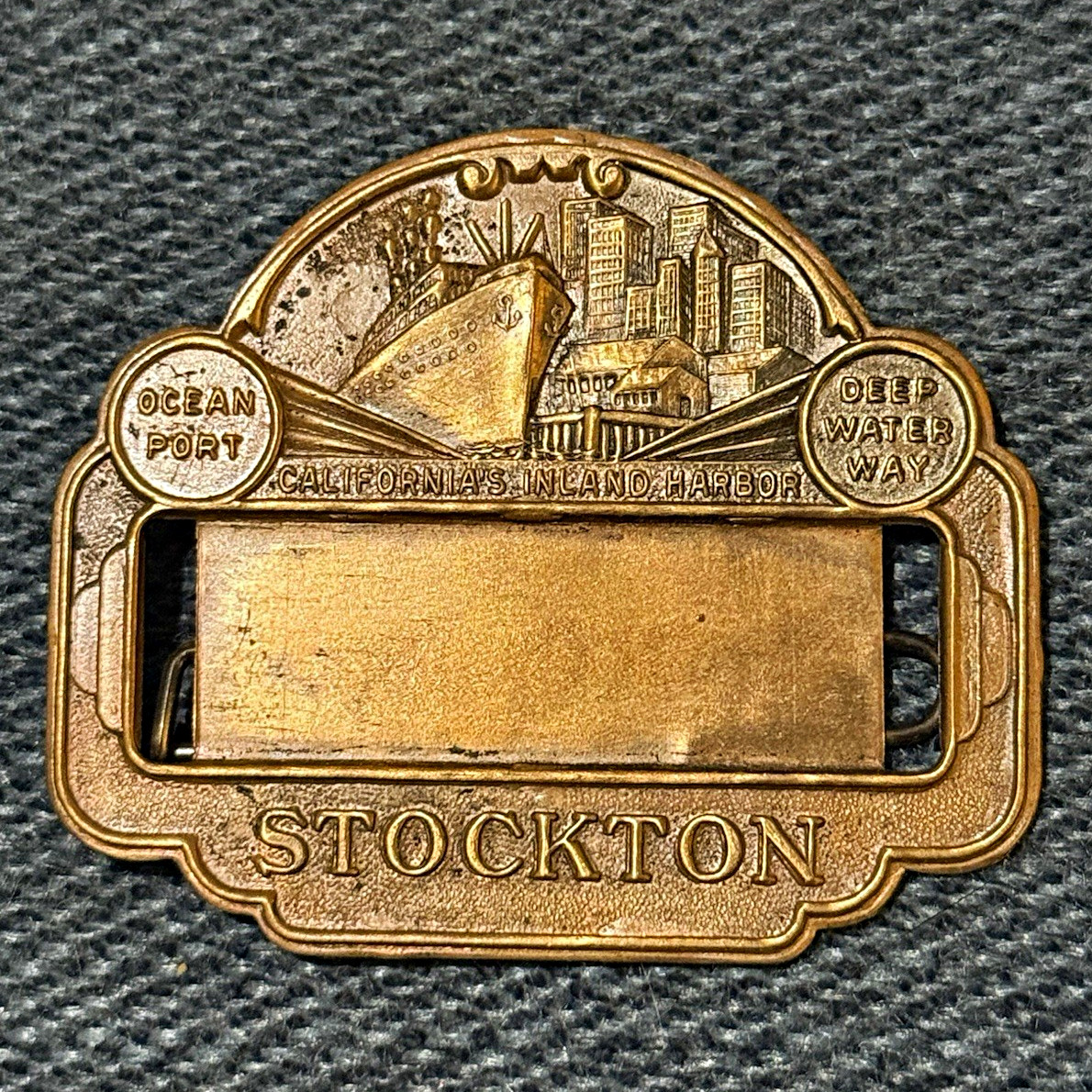 Stockton California Souvenir Belt Buckle Brass Tone \