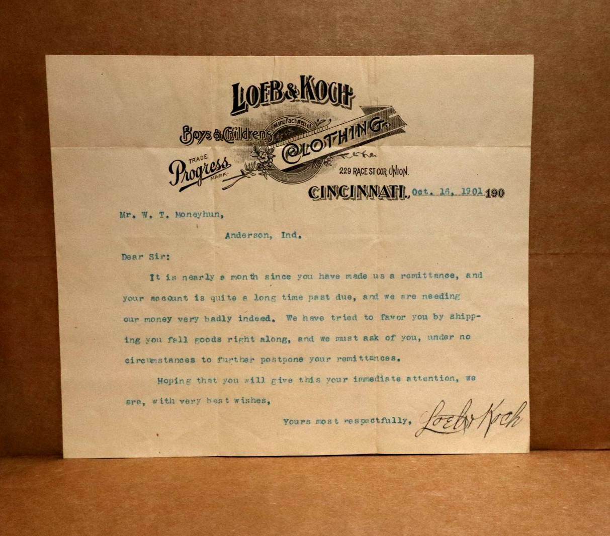Cincinnati, OHIO Loeb & Koch Boys & Children\'s Clothing Antique Letterhead 1901