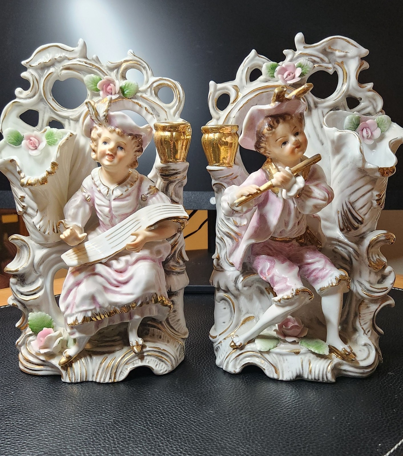 vintage german porcelain figurines Pair of Mirror Image Musician Figurines