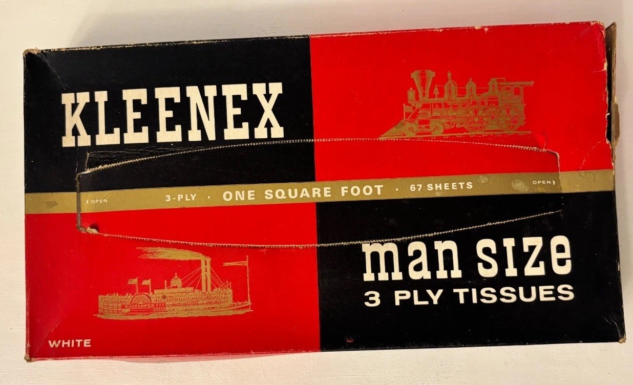 Man Size KLEENEX Tissue Box 3 Ply Tissues 1938 Unopened Red Black Collector Vtg 