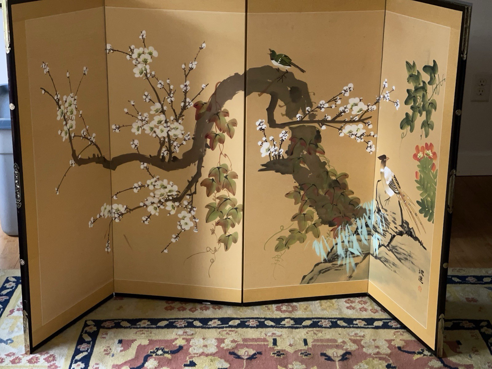 VTG Gold Japanese Byobu Folding Screen 4 Panel Bird/Flower/ Plum Blossom Signed