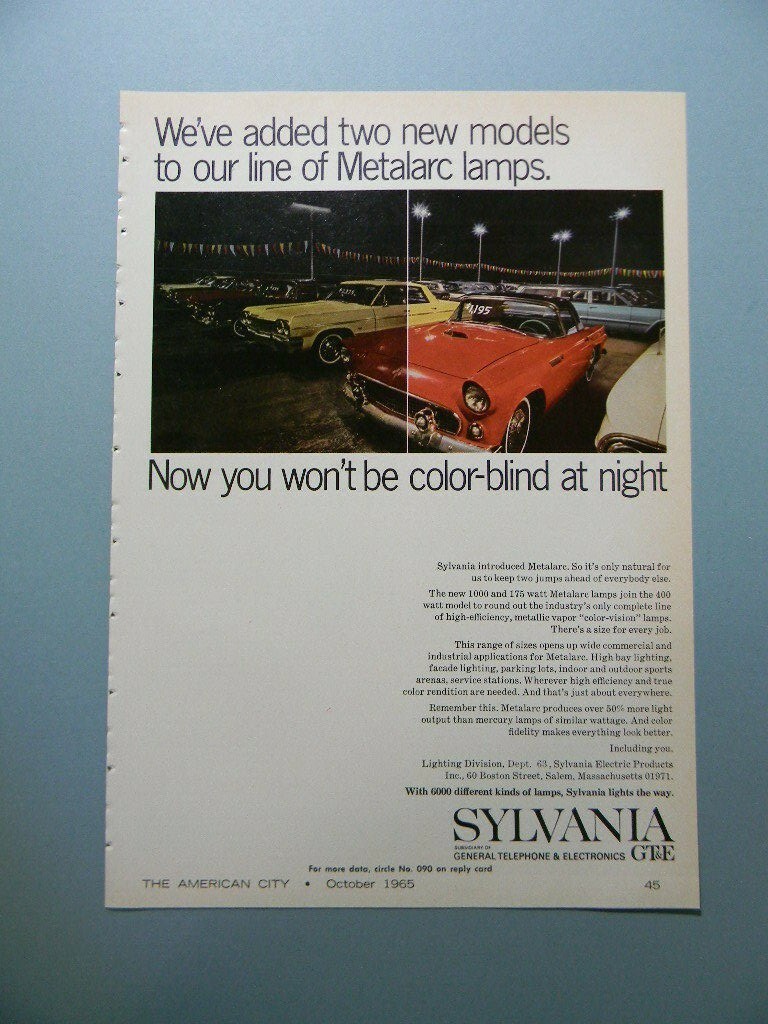 1965 SYLVANIA GT&E 1000 AND 175 WATT METALARC LAMPS SALES ART AD