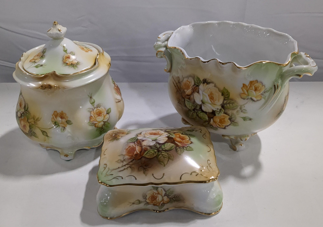Vintage R.S. Prussia Style 5 Pc Porcelain Set Roses Gold Trim Cookie Jar Trinket