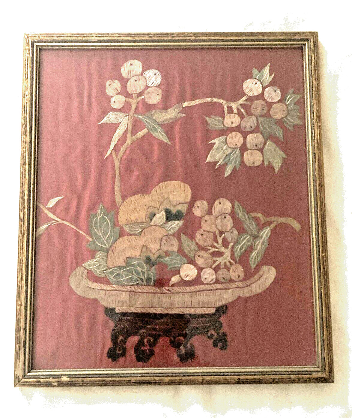 Vtg Japanese Still Life - Hand Embroidered On Red Silk - 11\