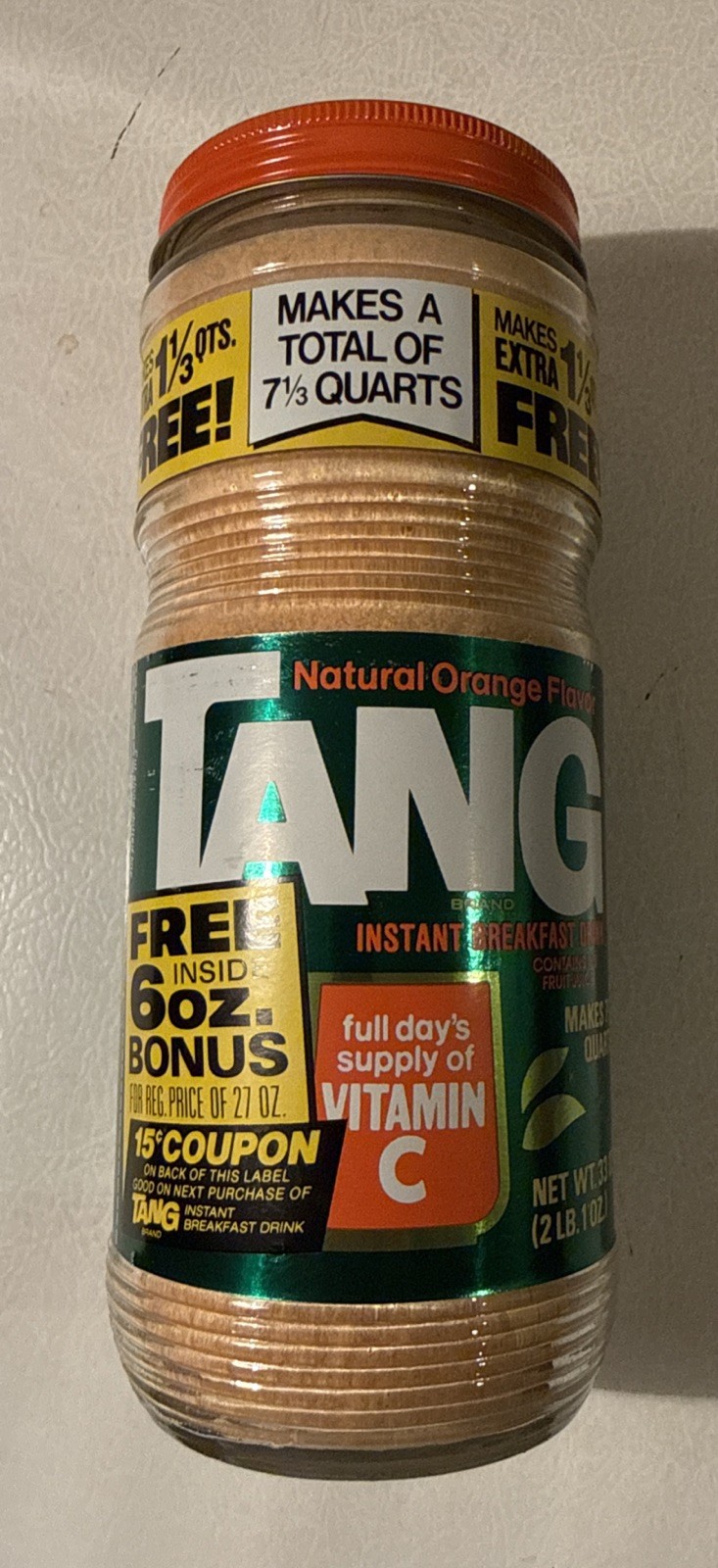 Vintage 1970's Tang Instant Orange Breakfast Drink Mix Glass Jar Full Unopened