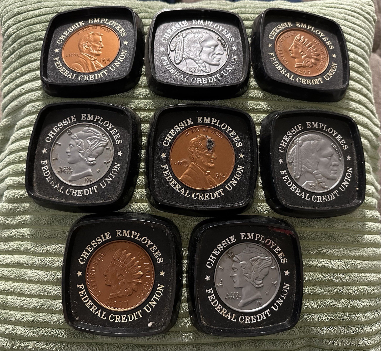 Vintage Set Of 8 Plastic  Chessie Advertising Coasters Faux U.S. Coin Designs
