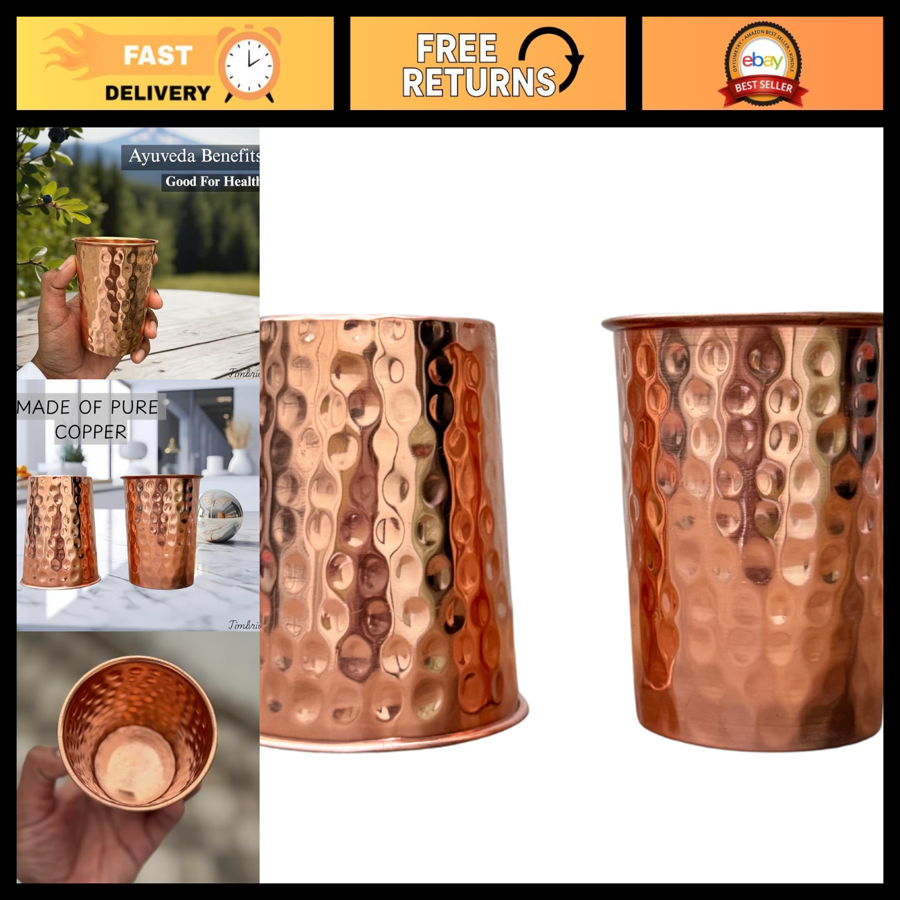 Set of 2 Hammered Copper Drinking Cups - Ayurvedic Tumblers, Uncoated & Lacquer-