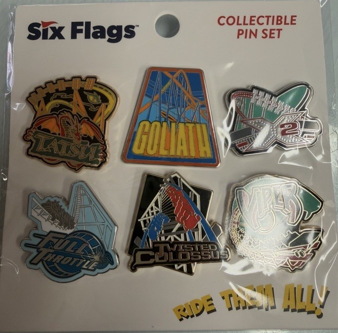 Six Flags Magic Mountain Collectible Pin Set Tatsu, X2, Goliath, Viper, Colossus