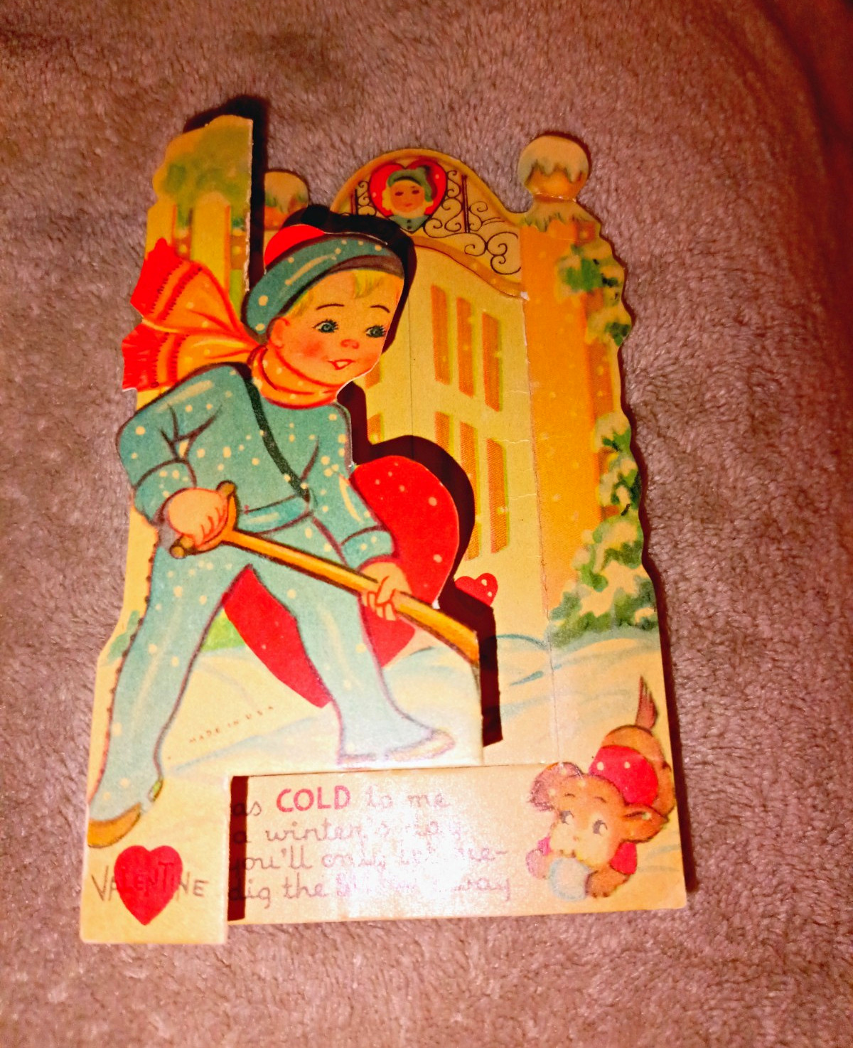 Vintage Valentine Pop-Up Greeting Card Boy Shoveling Snow “You’re as COLD…”