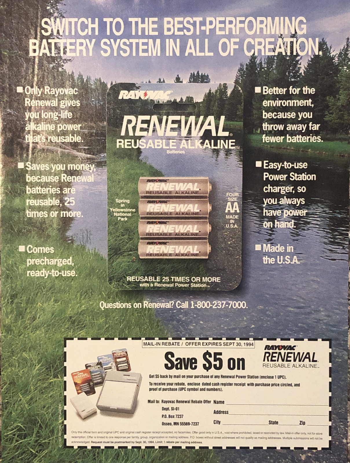 1994 Rayovac Renewal Batteries PRINT AD Reusable Alkaline Mail Rebate VTG 1990s