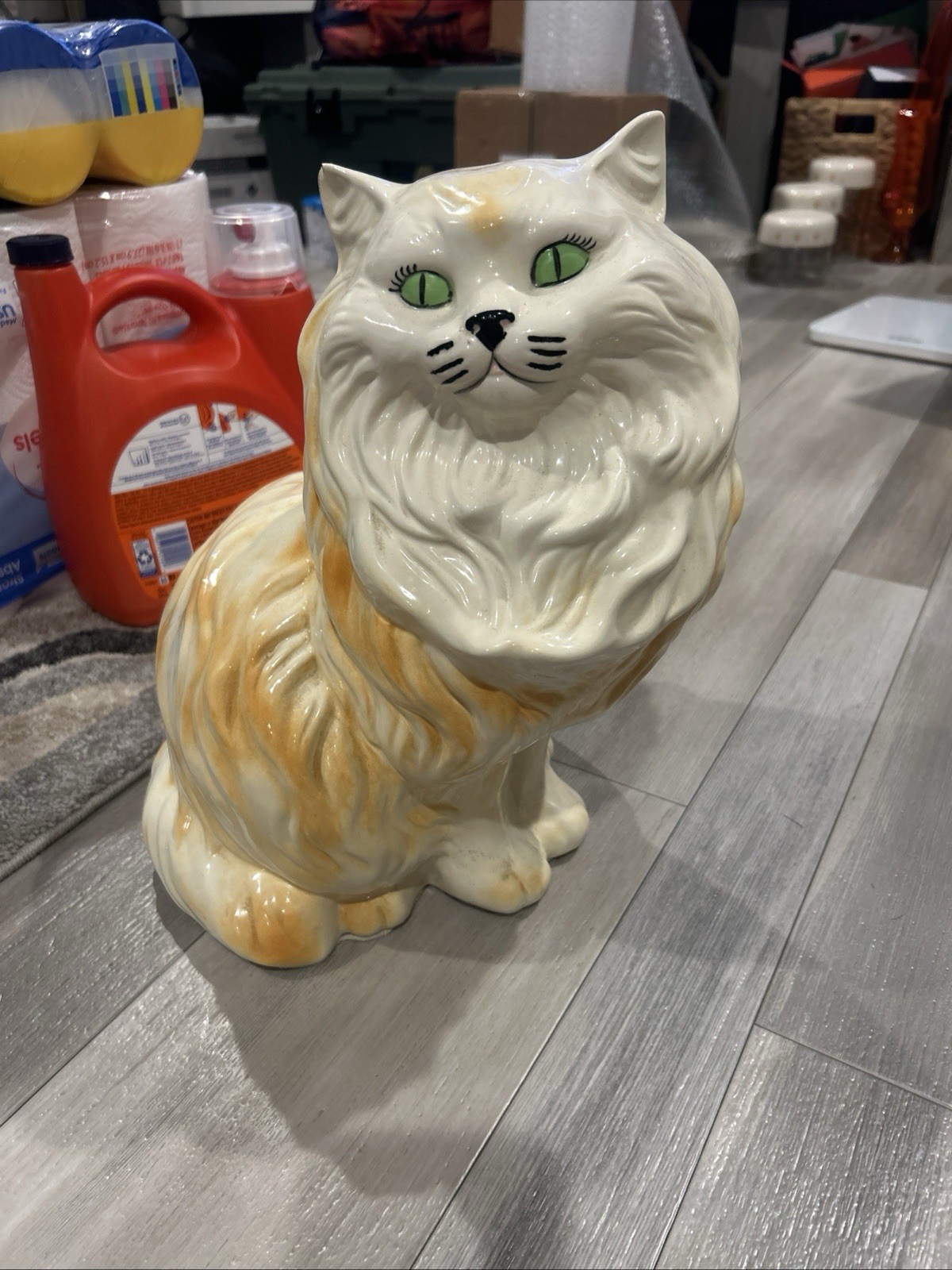 Vintage White Ceramic Persian Cat Large Kitty Sitting Statue W Green Eyes 1979