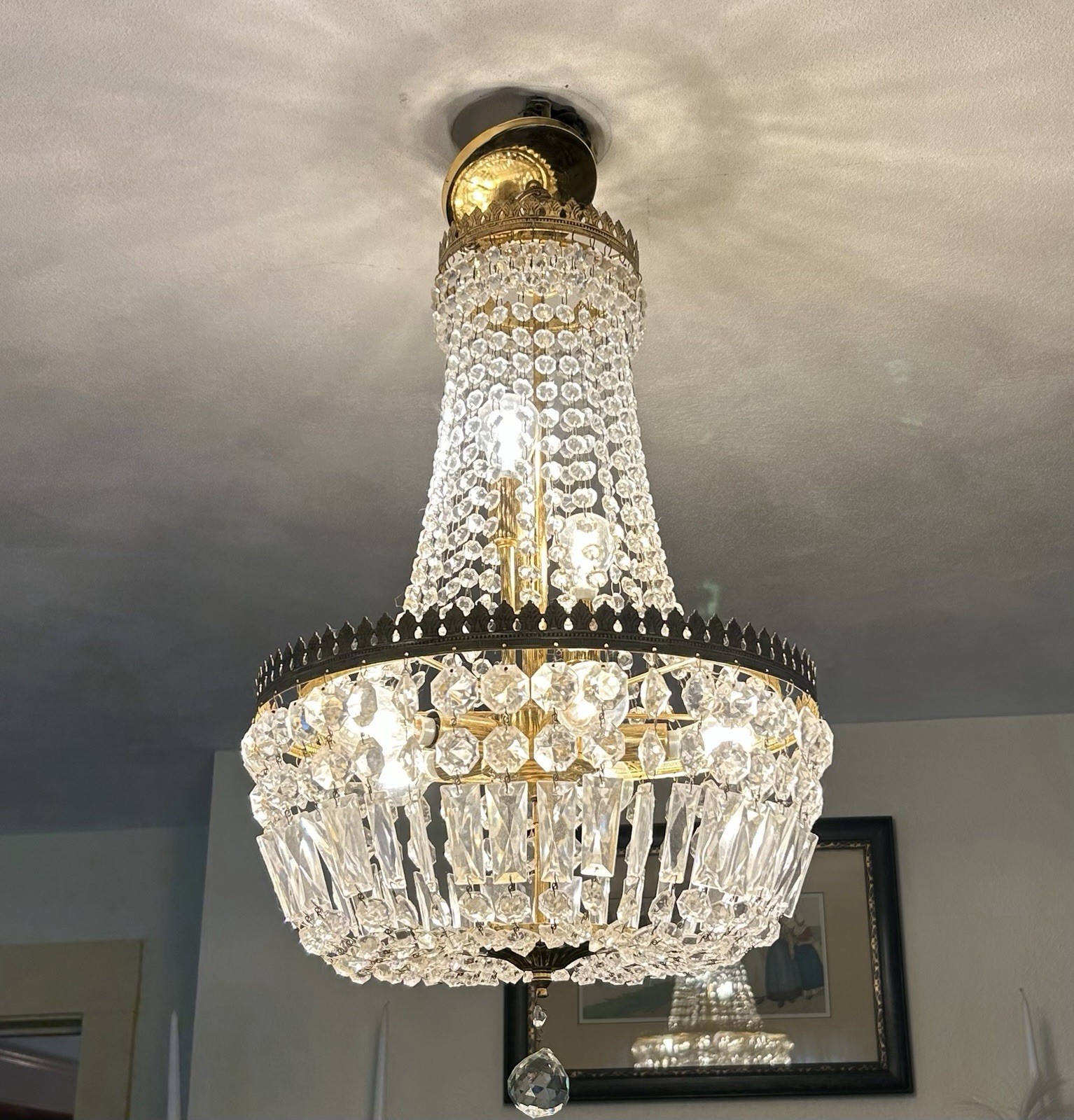 Vtg French Empire Style Crystal Beaded Basket Chandelier Ceiling Mount 24 In