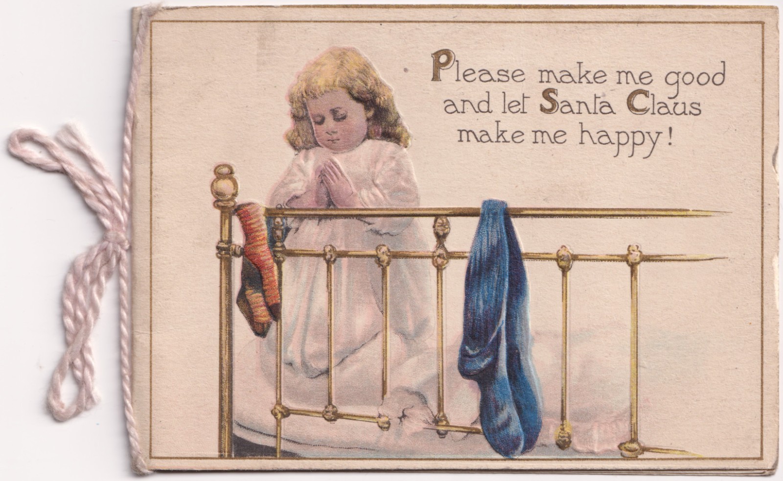 Antique Tuck Christmas Card Child Prayer Santa String Bound Edwardian 1910s