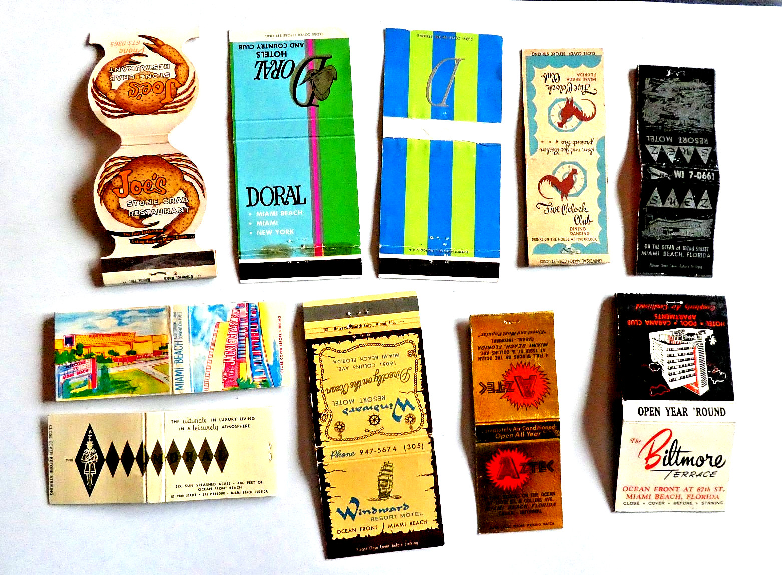 Miami Beach Florida Vintage Matchbook covers Art Deco Joe\'s Jackie Gleasons more