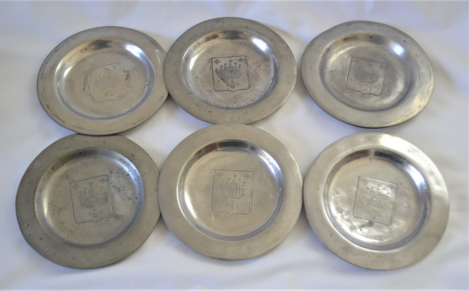 Six Antique European Handmade  Pewter Coasters Touchmarks France ? Fleur di Lis