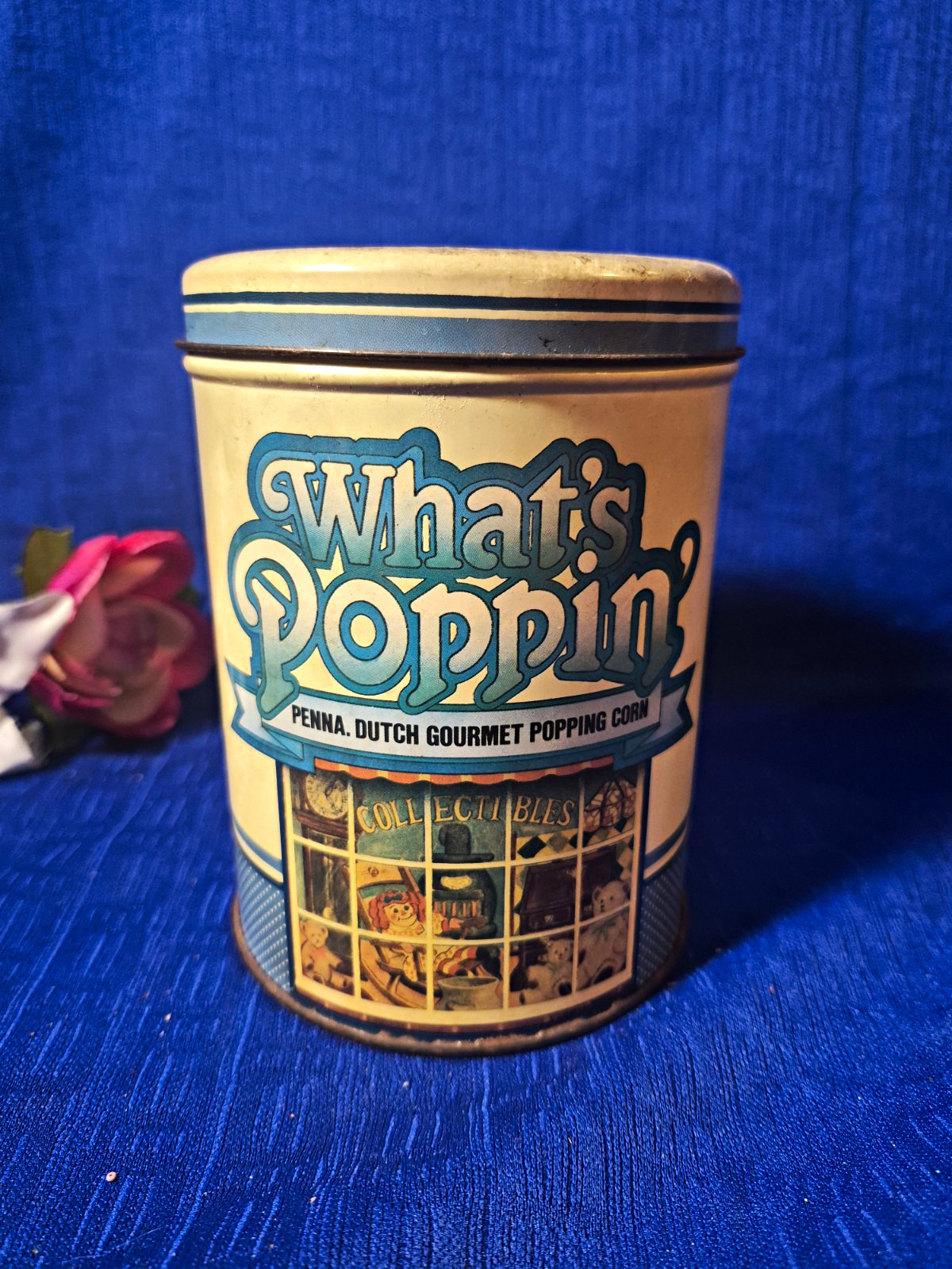 What\'s Poppin\' Popcorn Advertising Tin Canister w/ Lid Penna. Dutch Gourmet