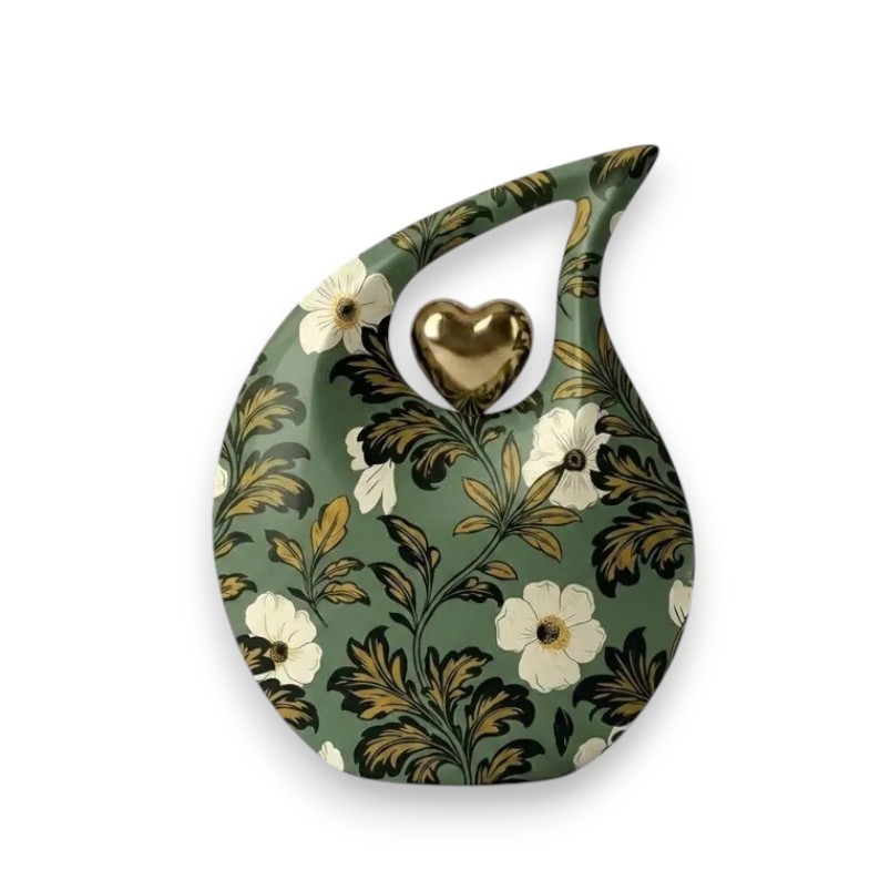 Dark Green Baroque Floral Teardrop Cremation Urn Adult Human Ashes 200 Cu In