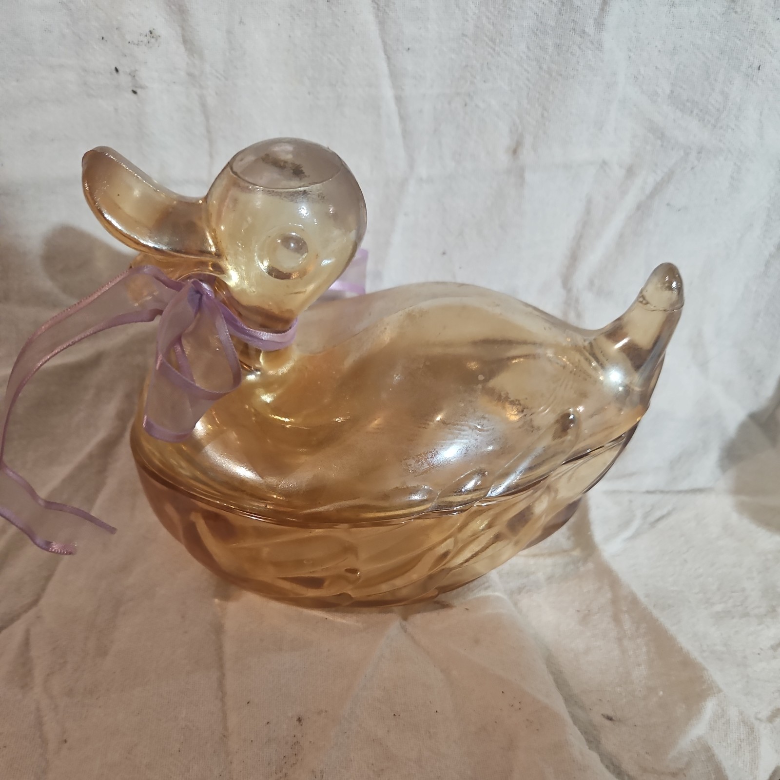 Vintage Jeannette Carnival Glass Duck  Trinket Dish “Mama Quack” Iridescent Gold