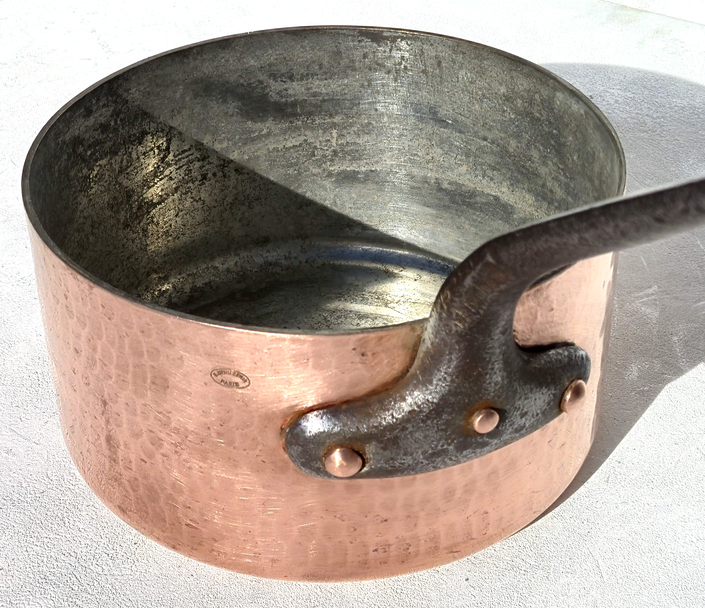 Vintage 8.9in French Copper Saucepan Dehillerin Hammered Tin Lining 2.5mm 7.7lbs