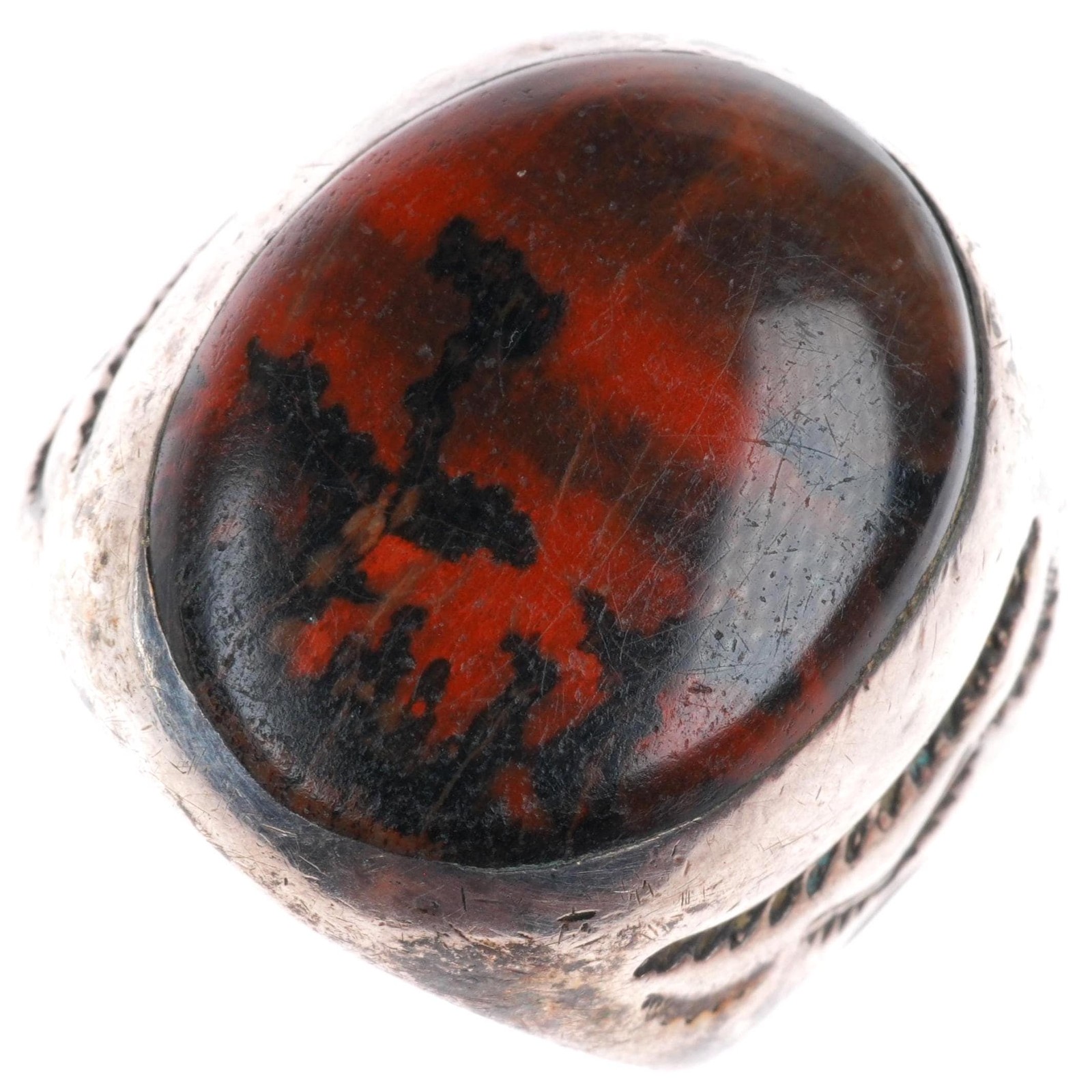 sz8.5 c1940\'s Navajo sterling silver petrified wood deep stamped sides ring
