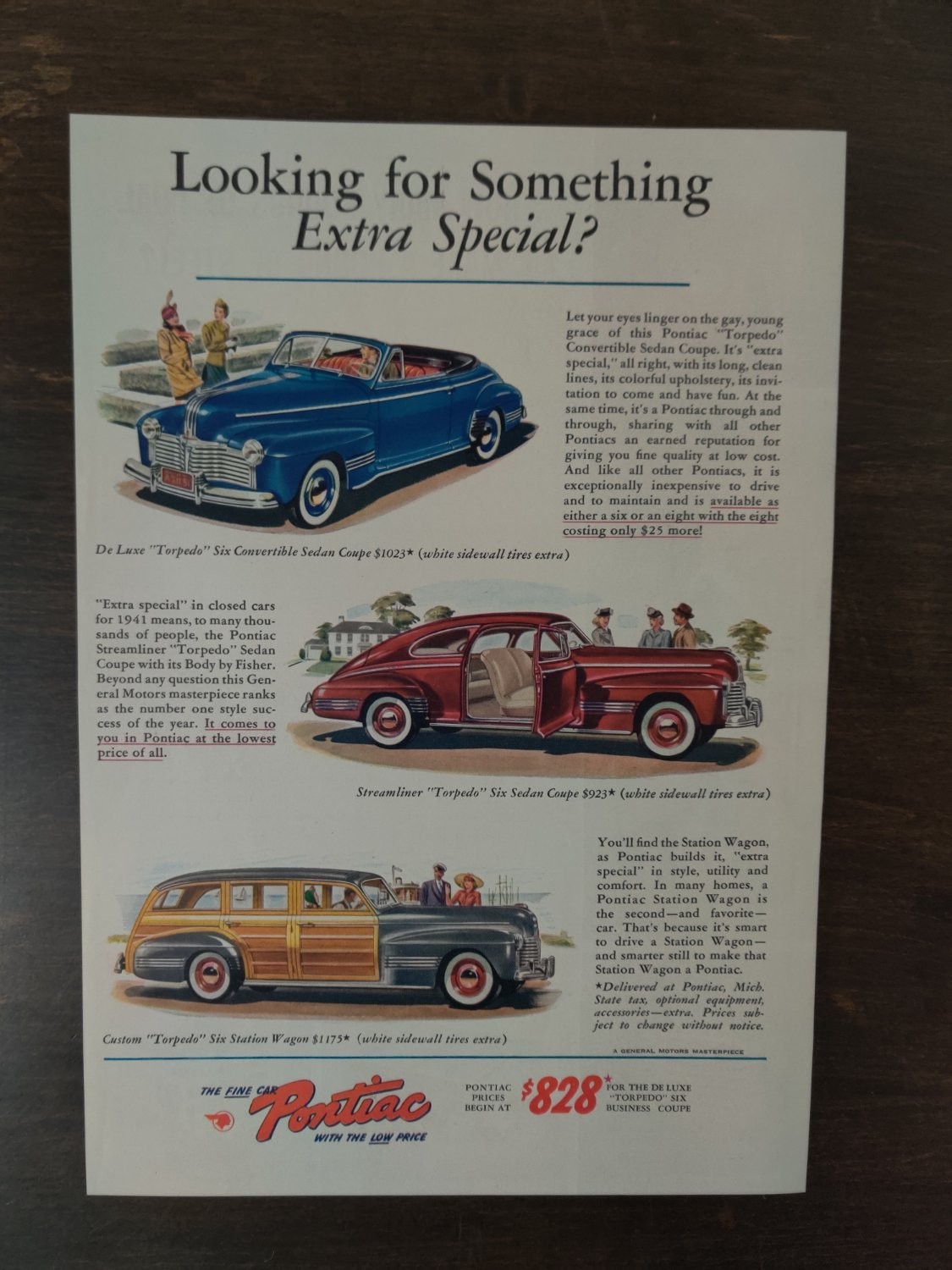 Vintage 1941 Pontiac Torpedo Six Print Advertisement Woodie Wagon Convertible