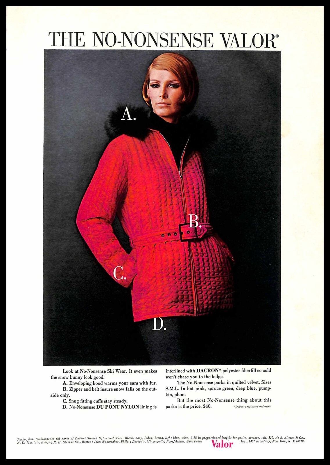 1966 Valor No-Nonsense Ski Wear Red Parka Vintage PRINT AD Winter Fashion