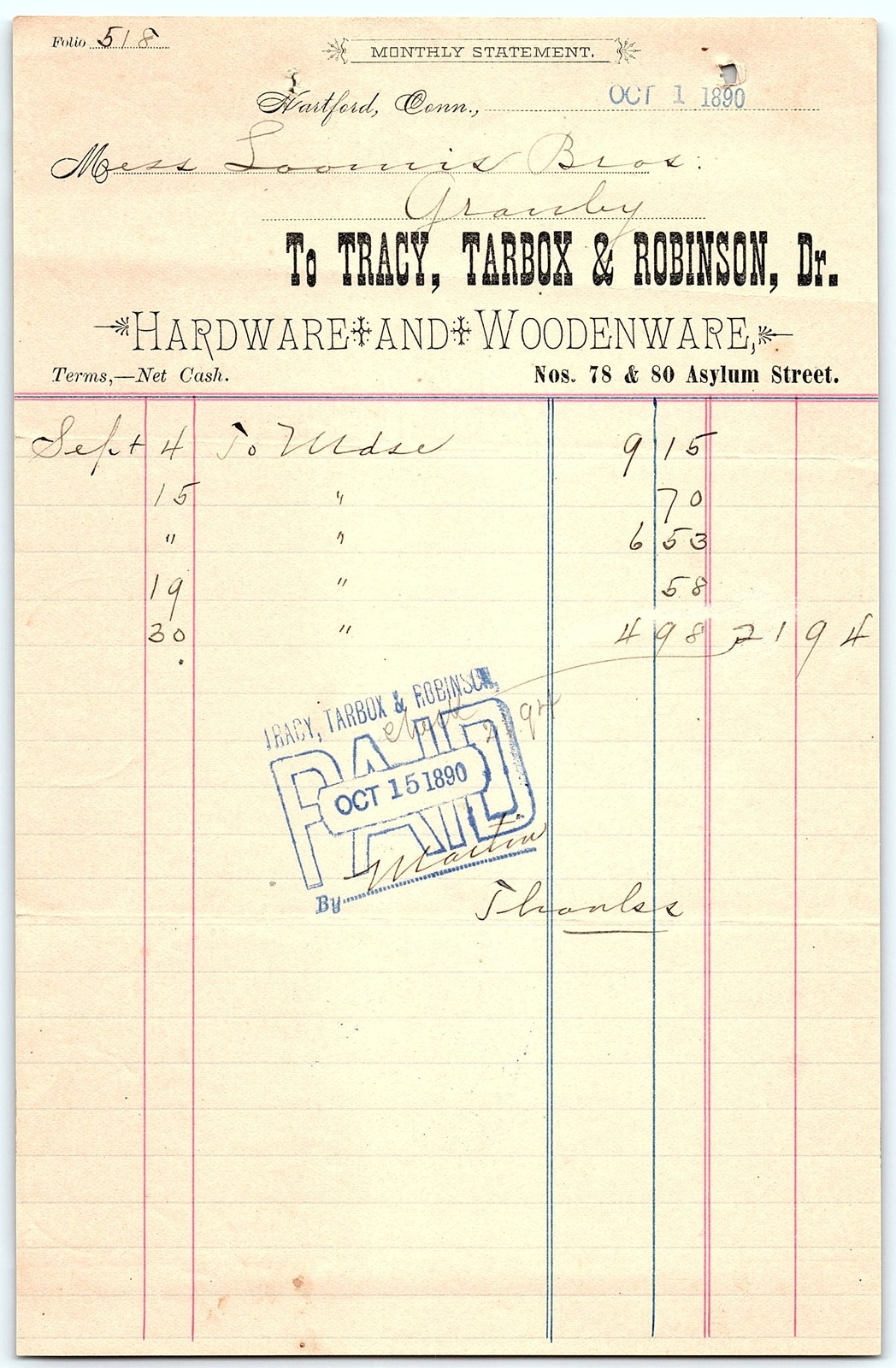 1890 Hartford CT Hardware & Woodenware Billhead - PAID