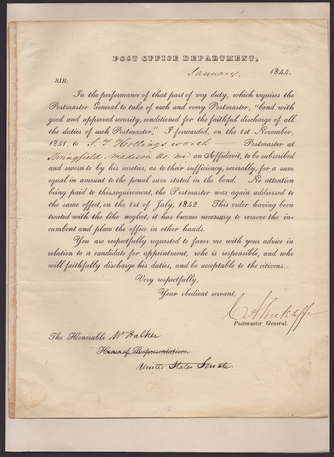 CHARLES ANDERSON WICKLIFFE - PRINTED LETTER SIGNED IN INK 01/1844