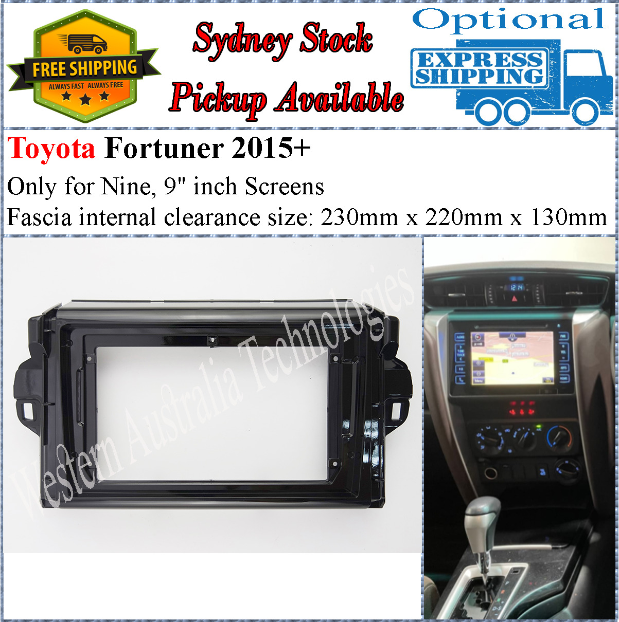 For 9 Nine Inch Screen Fascia facia Fits Toyota Fortuner 2015+*