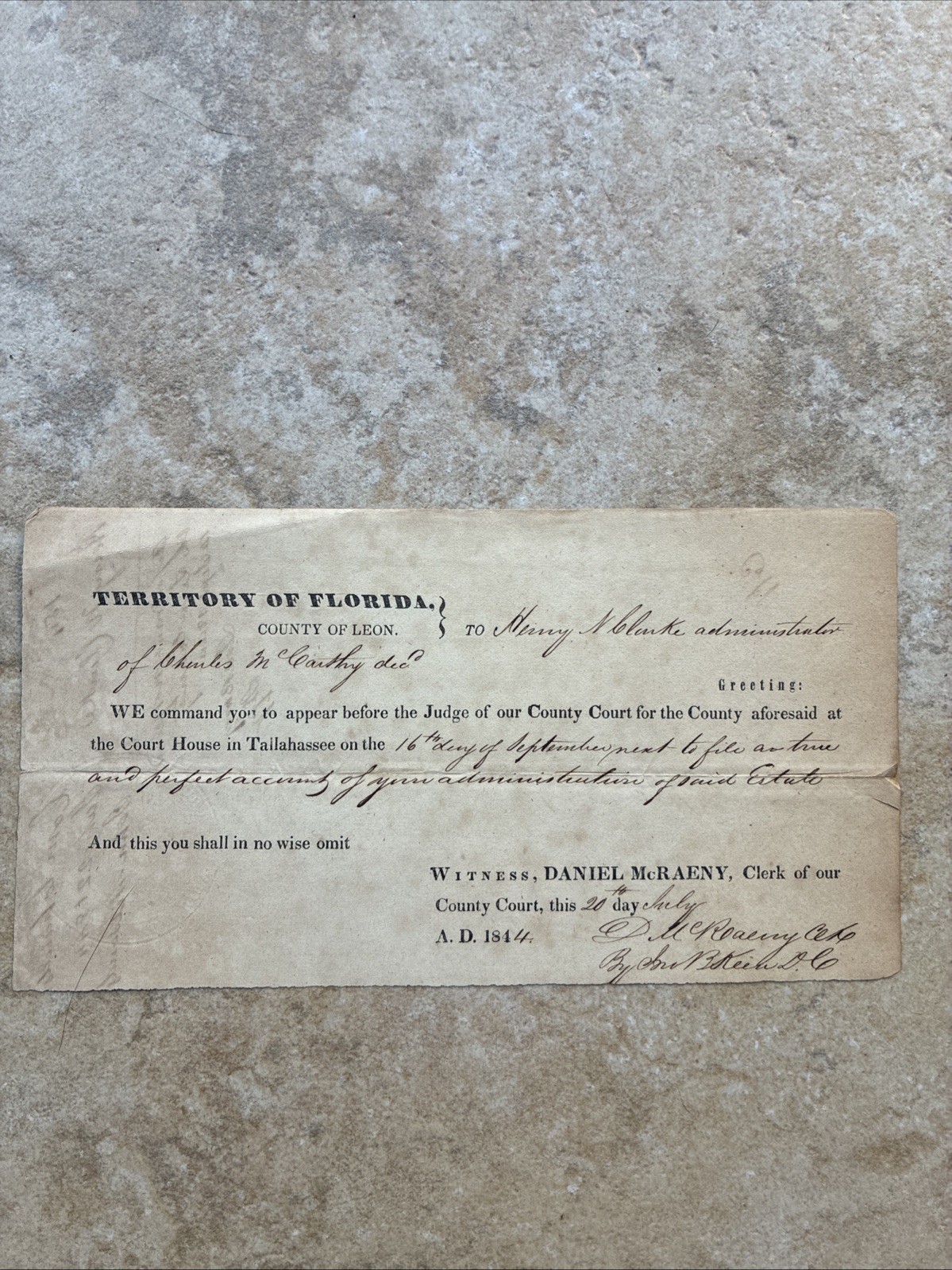 1844 Florida Document Pre Statehood  Court Order To Appear Territory Of Florida,
