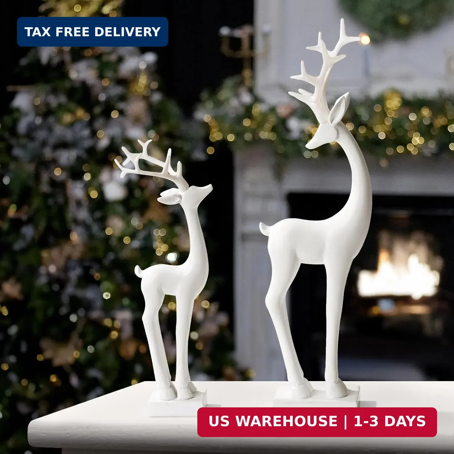 Resin Christmas Reindeer Figurines: 2pcs White Christmas Deer Statues, Elegant A