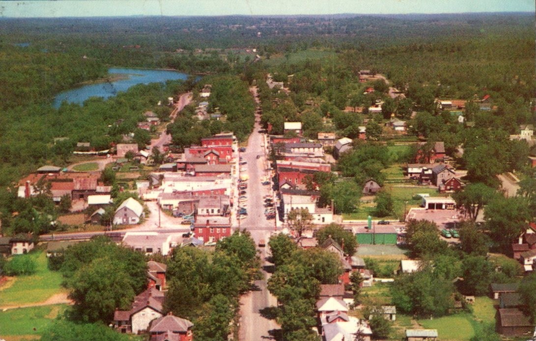 Marmora Ontario - Aerial view of main street and river - Vintage Postcard c 1955