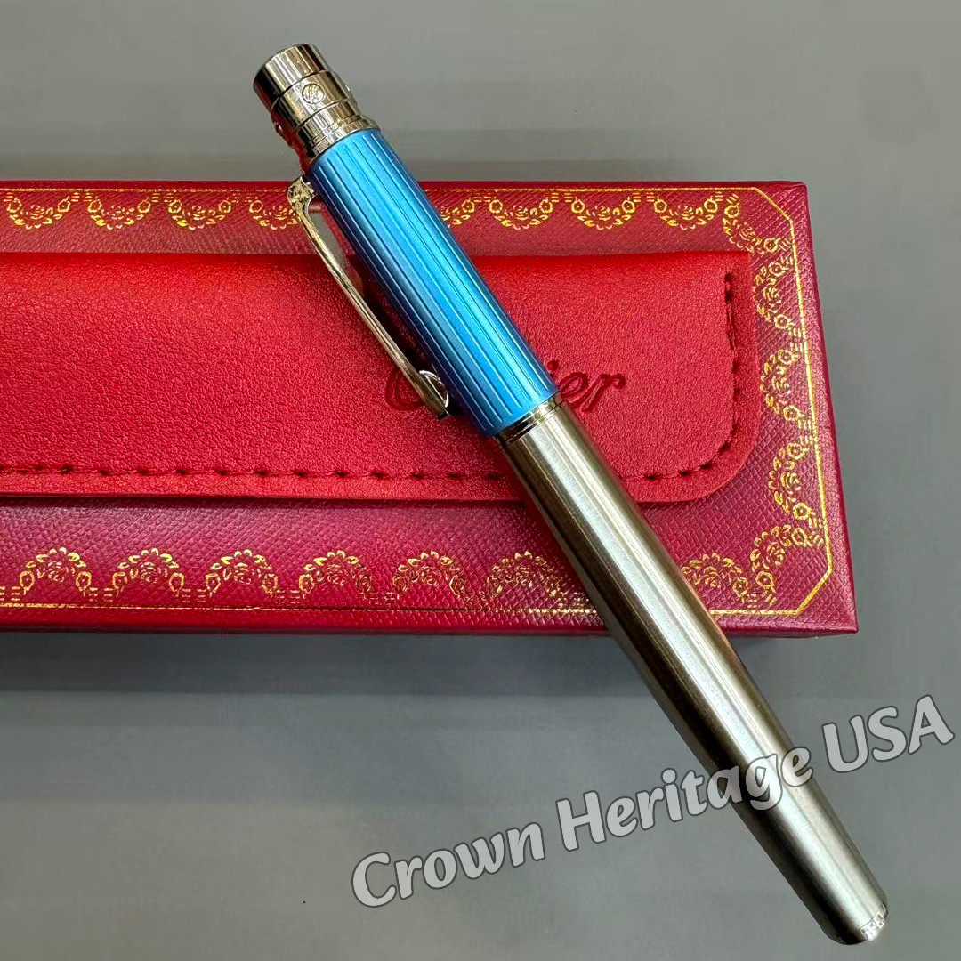 CARTIER Blue Fluted Cap Rollerball Pen Silver Tone Barrel with Box & Refill