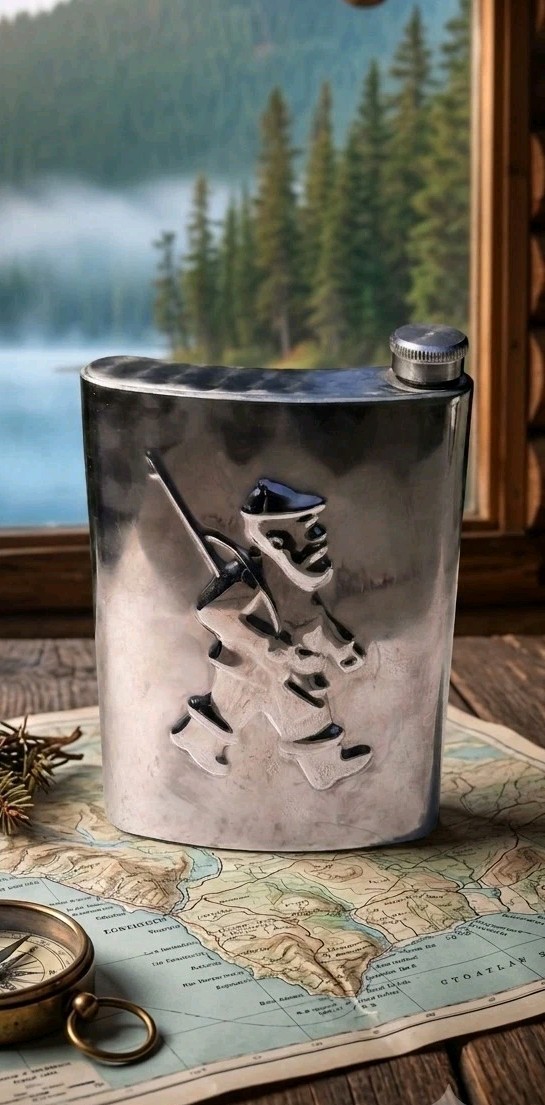 Vintage 1970s Stainless Steel 0.5L (500 ml) Hip Flask with Embossed Hunter Relie