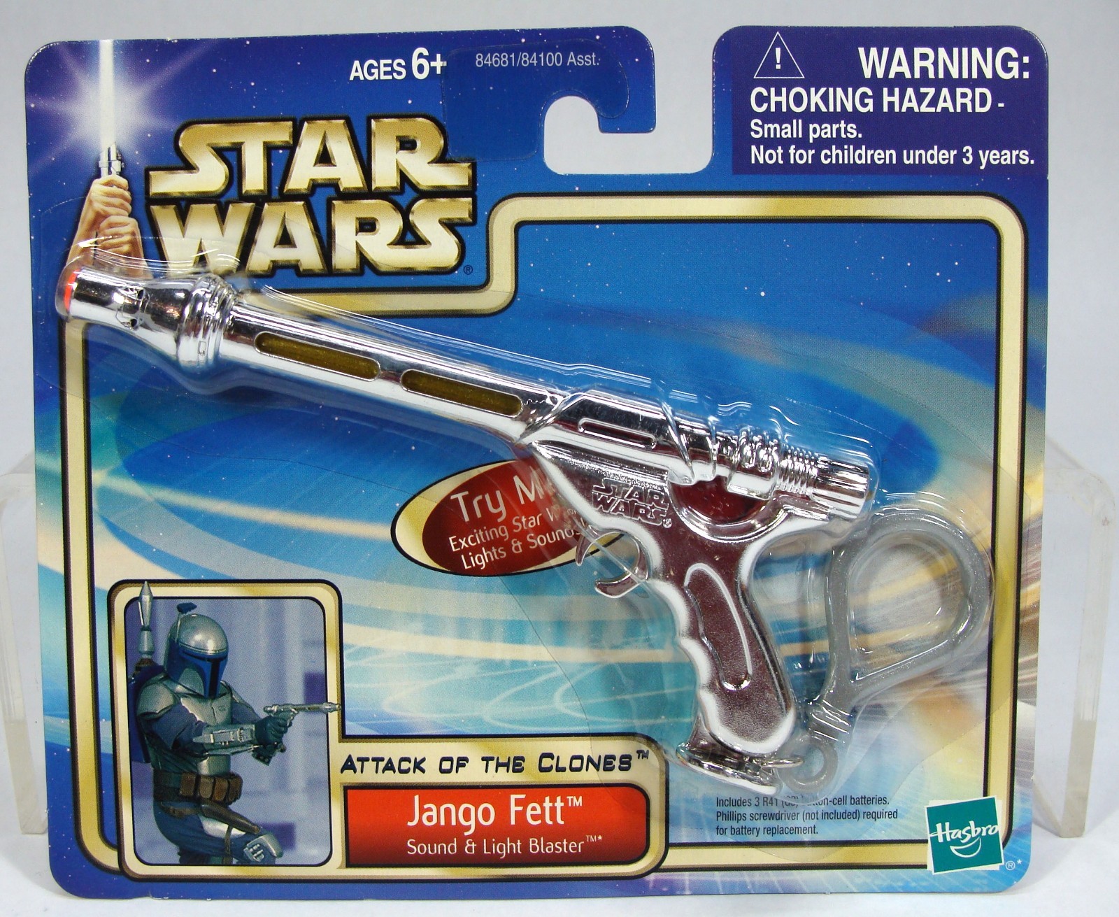 2002 STAR WARS ATTACK OF THE CLONES JANGO FETT SOUND & LIGHT BLASTER CLIP ON MIP