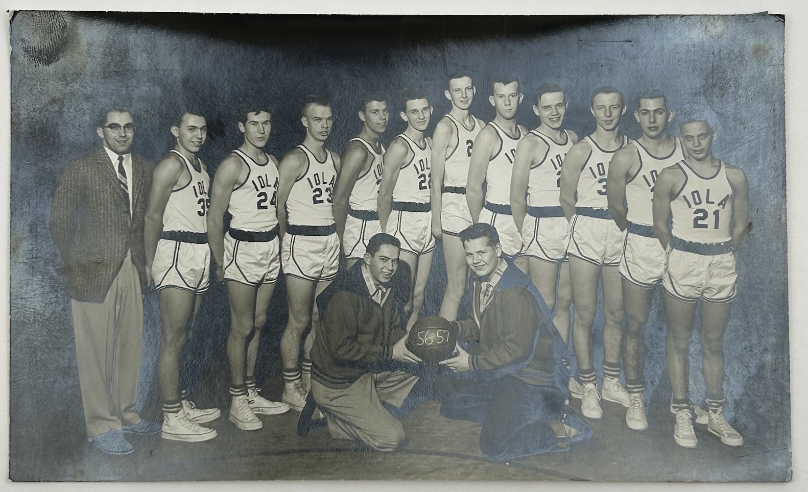Vintage 1956-57 Iola KS High School Basketball Team Photo Mid-Century B&W  J-6
