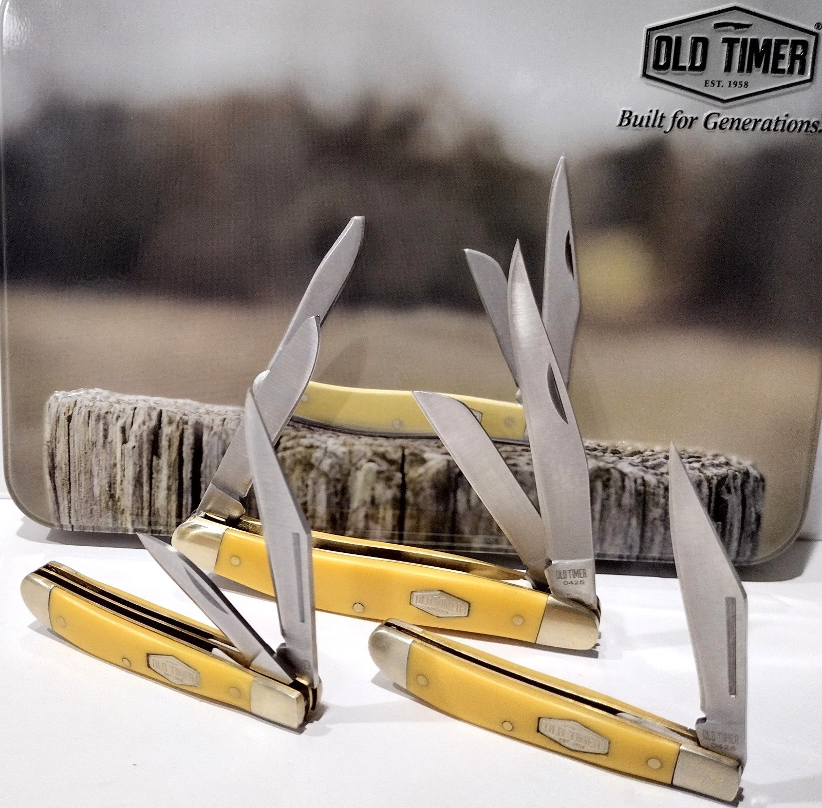 Schrade Old Timer Gift Tin 3 pc Yellow Skinning Hunting Folding Pocket Knife Set