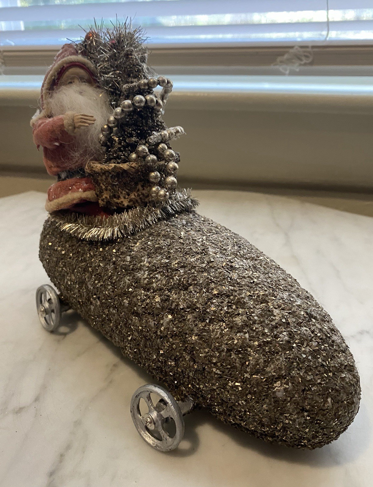 Antique Reproduction 1900s Santa/ Mica-Encrusted Early Auto; Christmas Decor EXC