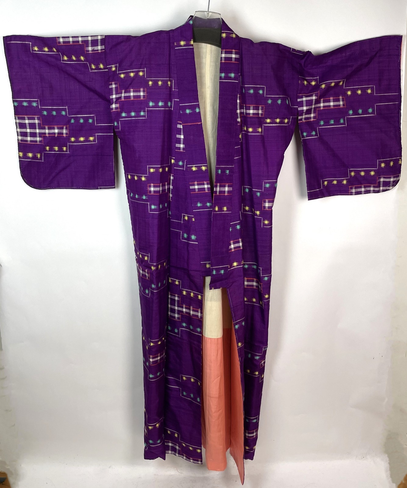 Vintage 50s 60s Japanese Kimono Long Maxi Boho Robe Geometric Purple ONE SIZE